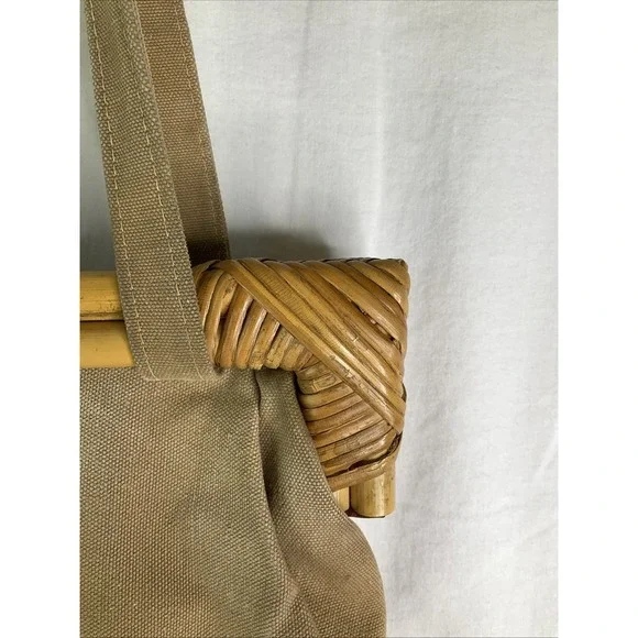 Vintage Rattan Handle Tan Canvas Satchel Purse Attached Coin Purse Boho Retro‎ - Picture 5 of 13
